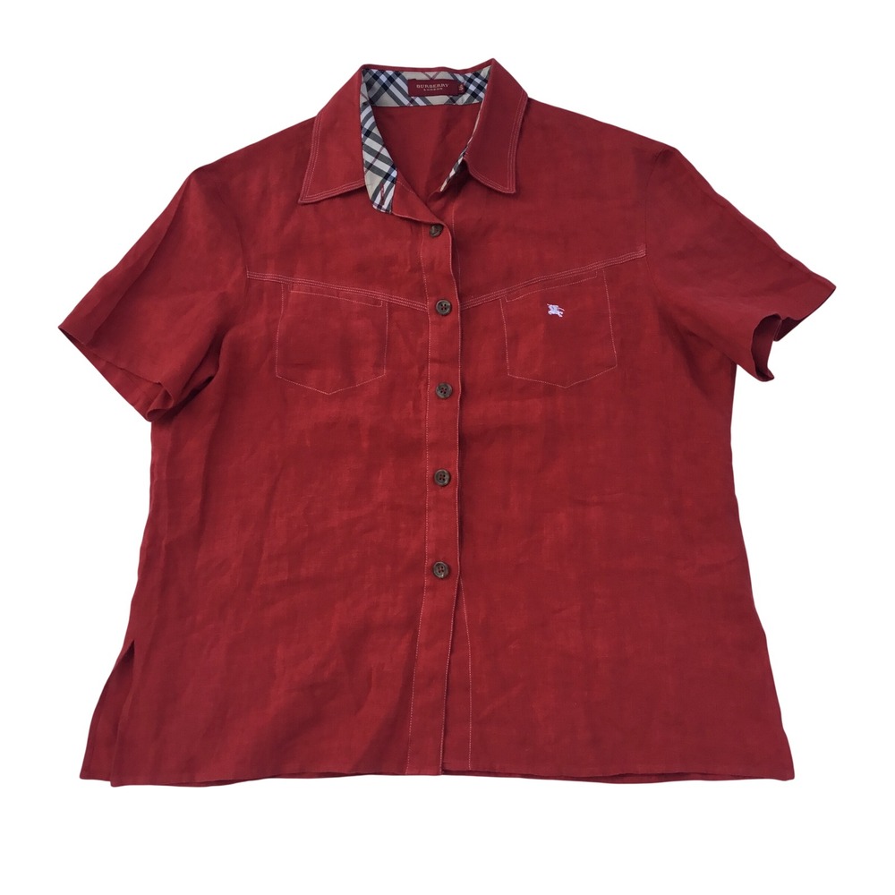 Burberry London Red 100% Linen Short Sleeve Button Down Shirt Nova Check Trim 46